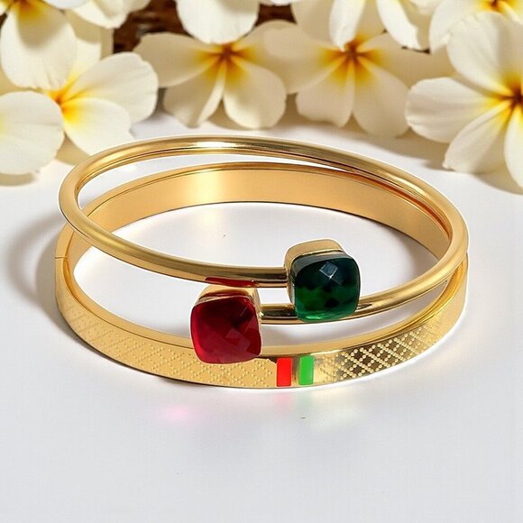 🆕 2-Piece Gold Plated Stainless Steel Cuff & Bangle Set With Rhinestone Charms - Picture 1 of 14